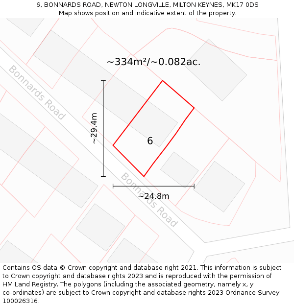 6, BONNARDS ROAD, NEWTON LONGVILLE, MILTON KEYNES, MK17 0DS: Plot and title map