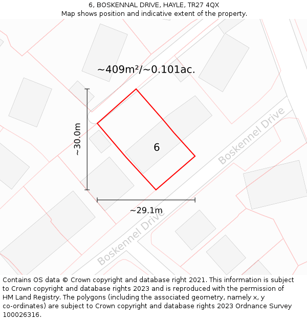 6, BOSKENNAL DRIVE, HAYLE, TR27 4QX: Plot and title map