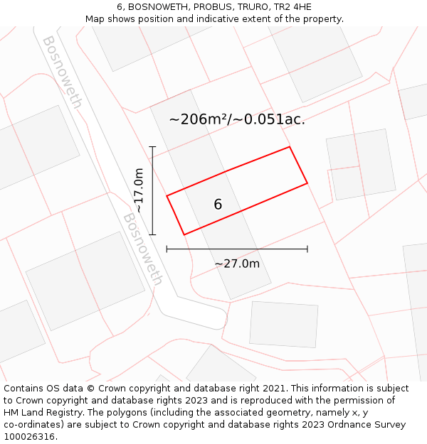 6, BOSNOWETH, PROBUS, TRURO, TR2 4HE: Plot and title map