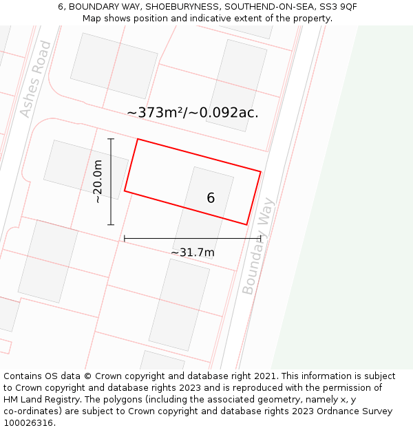 6, BOUNDARY WAY, SHOEBURYNESS, SOUTHEND-ON-SEA, SS3 9QF: Plot and title map