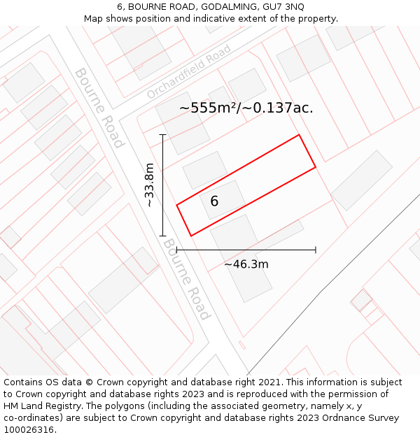 6, BOURNE ROAD, GODALMING, GU7 3NQ: Plot and title map