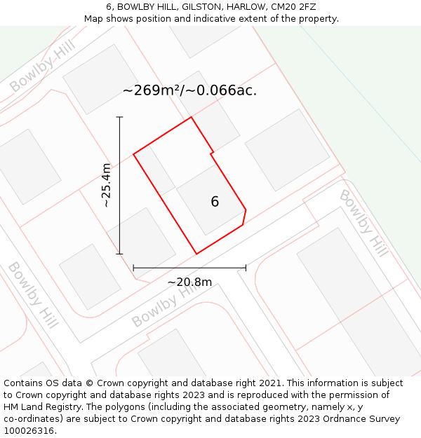 6, BOWLBY HILL, GILSTON, HARLOW, CM20 2FZ: Plot and title map