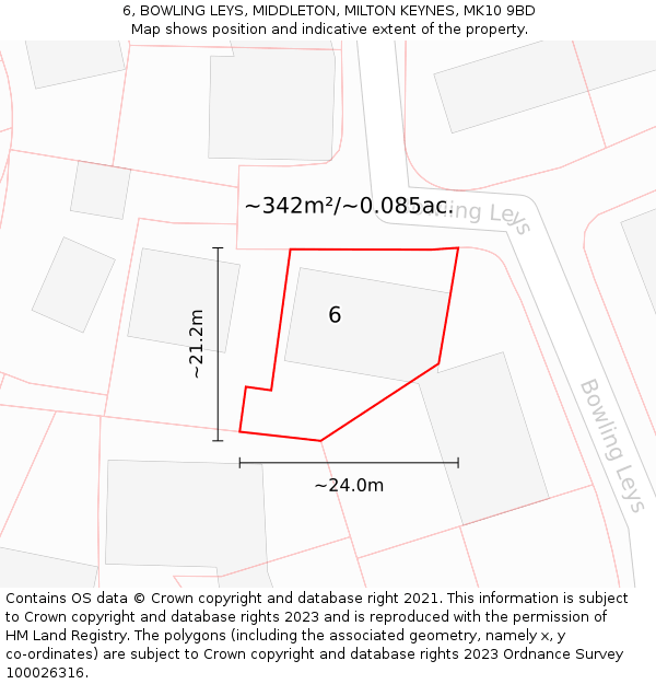 6, BOWLING LEYS, MIDDLETON, MILTON KEYNES, MK10 9BD: Plot and title map