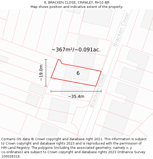 6, BRACKEN CLOSE, CRAWLEY, RH10 8JR: Plot and title map