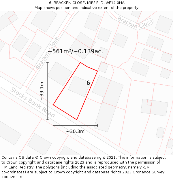 6, BRACKEN CLOSE, MIRFIELD, WF14 0HA: Plot and title map