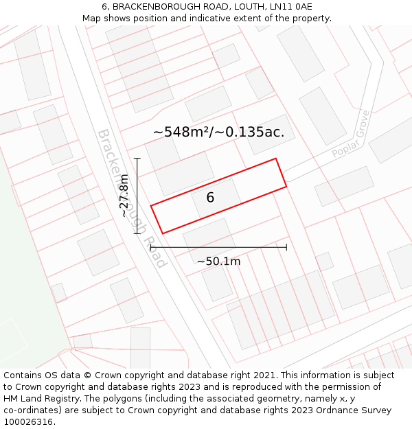 6, BRACKENBOROUGH ROAD, LOUTH, LN11 0AE: Plot and title map