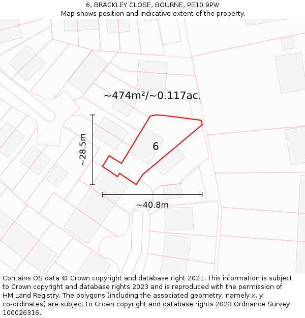 6, BRACKLEY CLOSE, BOURNE, PE10 9PW: Plot and title map