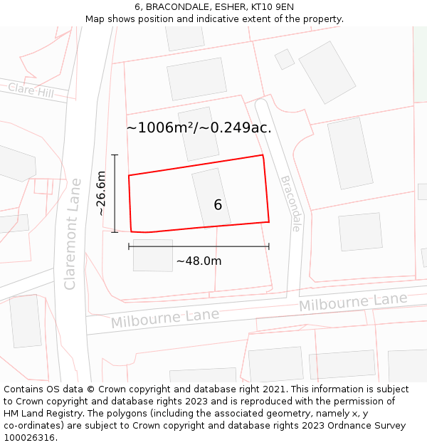 6, BRACONDALE, ESHER, KT10 9EN: Plot and title map