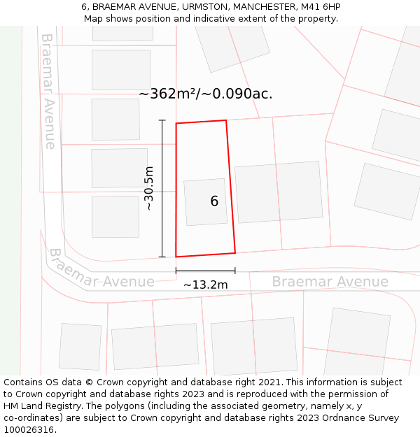 6, BRAEMAR AVENUE, URMSTON, MANCHESTER, M41 6HP: Plot and title map