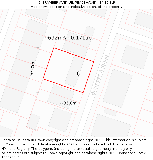 6, BRAMBER AVENUE, PEACEHAVEN, BN10 8LR: Plot and title map