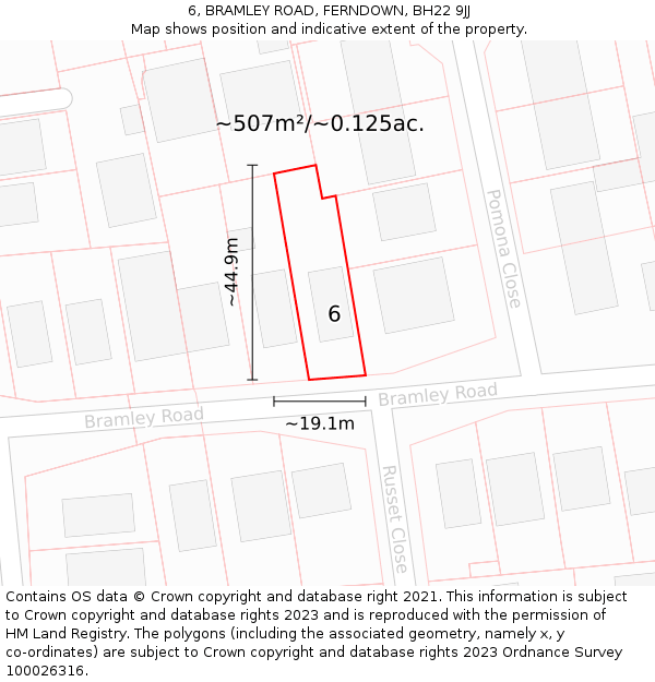 6, BRAMLEY ROAD, FERNDOWN, BH22 9JJ: Plot and title map