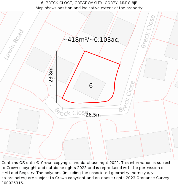 6, BRECK CLOSE, GREAT OAKLEY, CORBY, NN18 8JR: Plot and title map