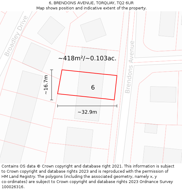 6, BRENDONS AVENUE, TORQUAY, TQ2 6UR: Plot and title map