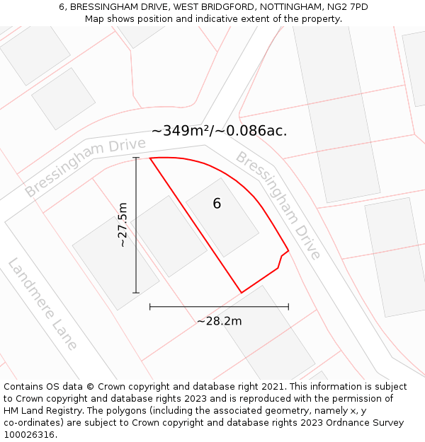 6, BRESSINGHAM DRIVE, WEST BRIDGFORD, NOTTINGHAM, NG2 7PD: Plot and title map