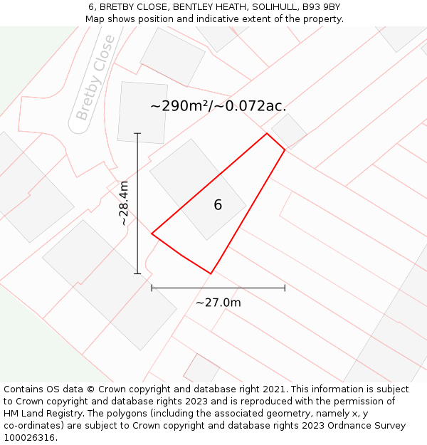 6, BRETBY CLOSE, BENTLEY HEATH, SOLIHULL, B93 9BY: Plot and title map