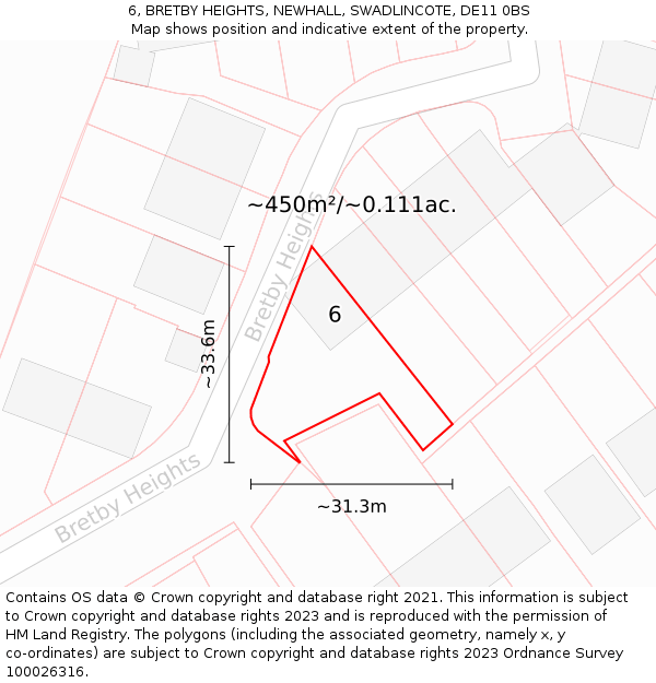 6, BRETBY HEIGHTS, NEWHALL, SWADLINCOTE, DE11 0BS: Plot and title map