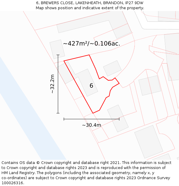 6, BREWERS CLOSE, LAKENHEATH, BRANDON, IP27 9DW: Plot and title map