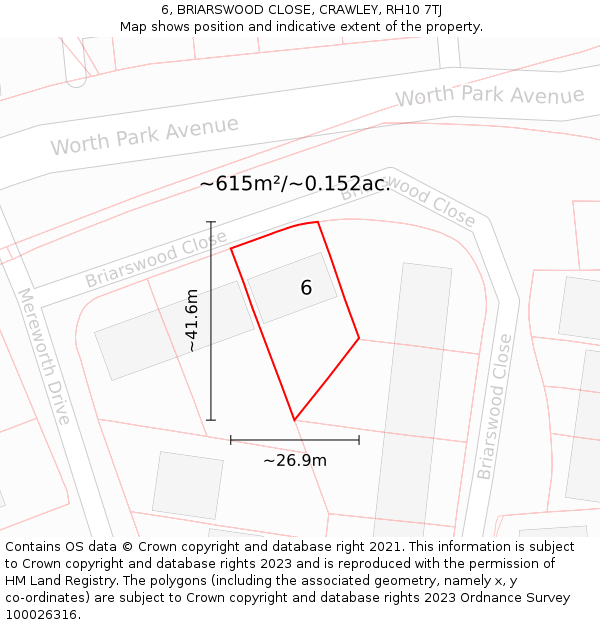 6, BRIARSWOOD CLOSE, CRAWLEY, RH10 7TJ: Plot and title map