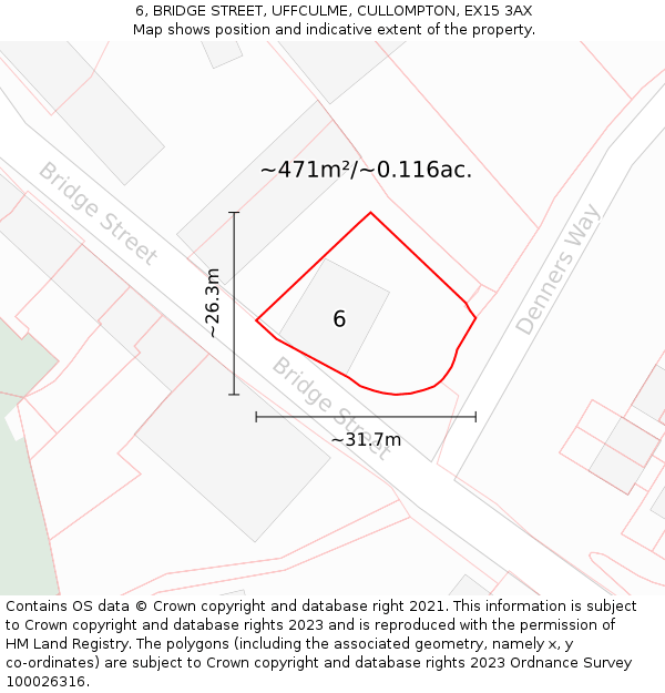 6, BRIDGE STREET, UFFCULME, CULLOMPTON, EX15 3AX: Plot and title map