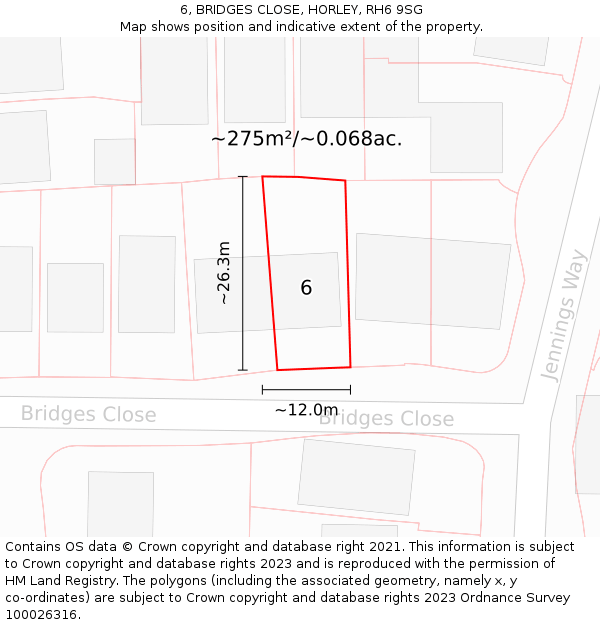 6, BRIDGES CLOSE, HORLEY, RH6 9SG: Plot and title map