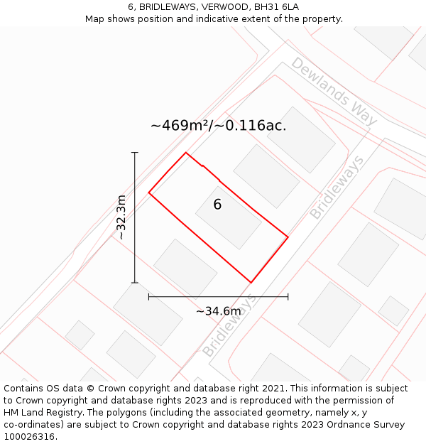 6, BRIDLEWAYS, VERWOOD, BH31 6LA: Plot and title map