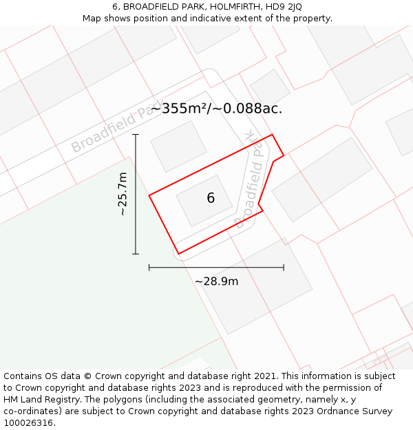 6, BROADFIELD PARK, HOLMFIRTH, HD9 2JQ: Plot and title map