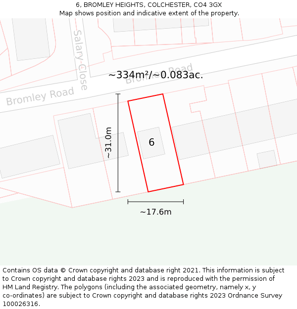 6, BROMLEY HEIGHTS, COLCHESTER, CO4 3GX: Plot and title map