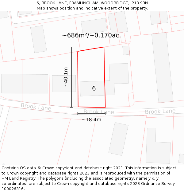 6, BROOK LANE, FRAMLINGHAM, WOODBRIDGE, IP13 9RN: Plot and title map