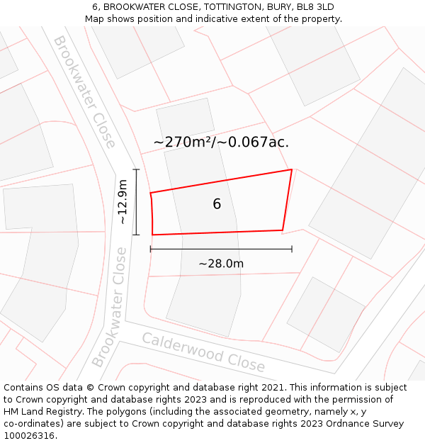 6, BROOKWATER CLOSE, TOTTINGTON, BURY, BL8 3LD: Plot and title map