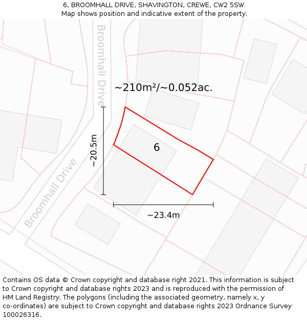 6, BROOMHALL DRIVE, SHAVINGTON, CREWE, CW2 5SW: Plot and title map