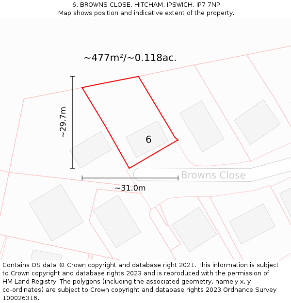 6, BROWNS CLOSE, HITCHAM, IPSWICH, IP7 7NP: Plot and title map