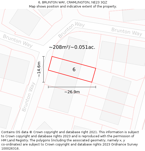 6, BRUNTON WAY, CRAMLINGTON, NE23 3QZ: Plot and title map