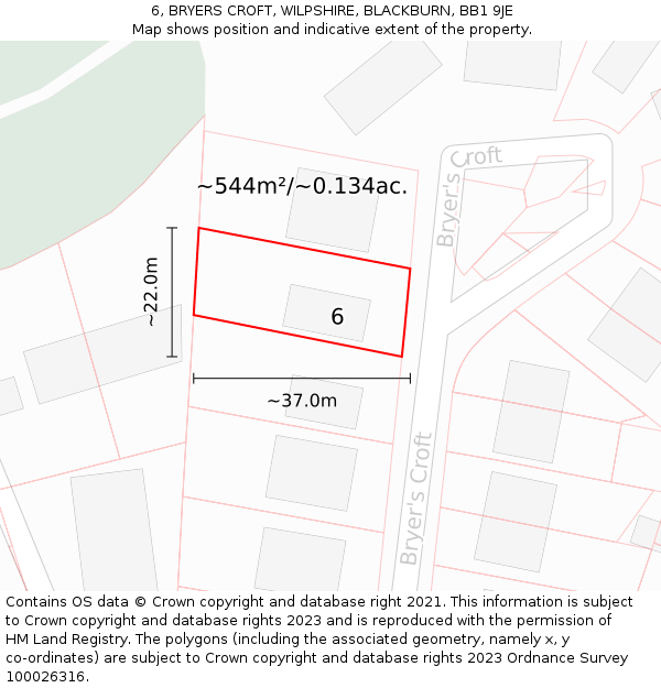 6, BRYERS CROFT, WILPSHIRE, BLACKBURN, BB1 9JE: Plot and title map