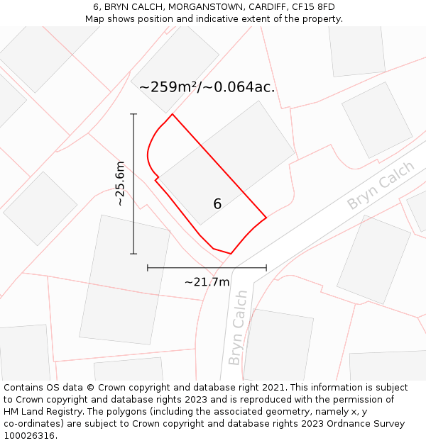 6, BRYN CALCH, MORGANSTOWN, CARDIFF, CF15 8FD: Plot and title map