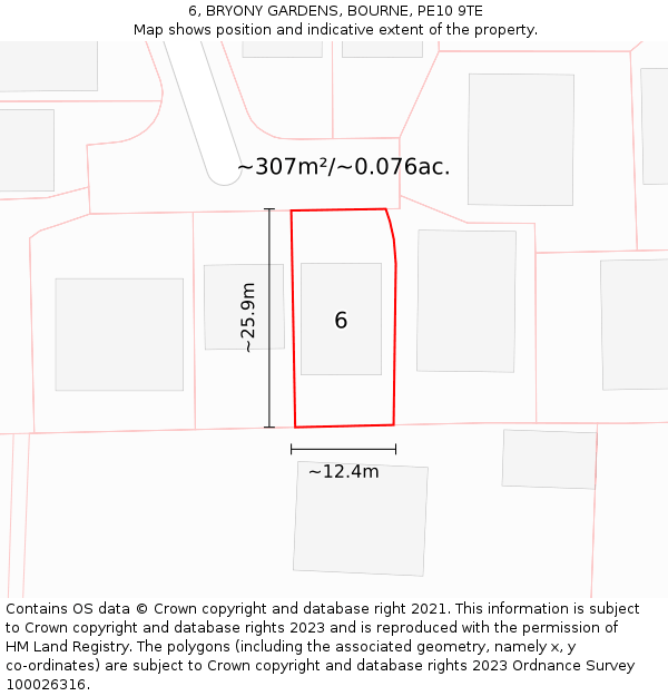 6, BRYONY GARDENS, BOURNE, PE10 9TE: Plot and title map