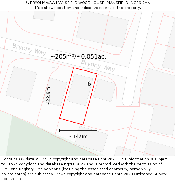 6, BRYONY WAY, MANSFIELD WOODHOUSE, MANSFIELD, NG19 9AN: Plot and title map