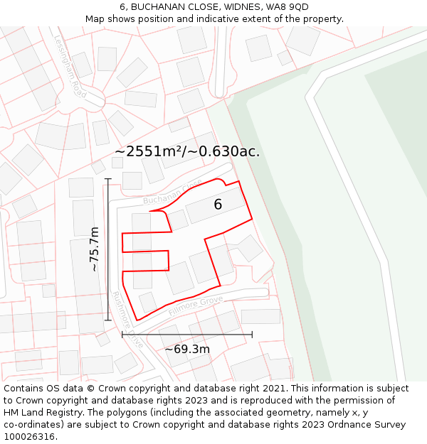 6, BUCHANAN CLOSE, WIDNES, WA8 9QD: Plot and title map