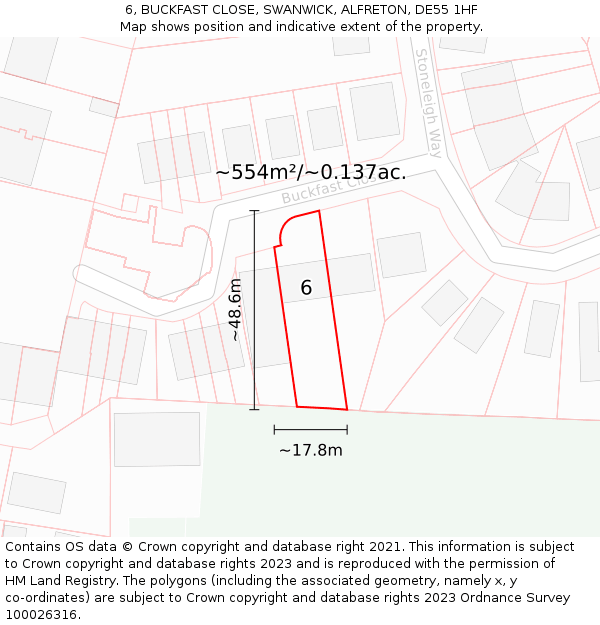 6, BUCKFAST CLOSE, SWANWICK, ALFRETON, DE55 1HF: Plot and title map