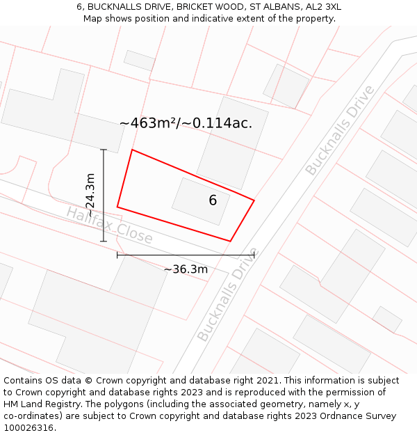 6, BUCKNALLS DRIVE, BRICKET WOOD, ST ALBANS, AL2 3XL: Plot and title map