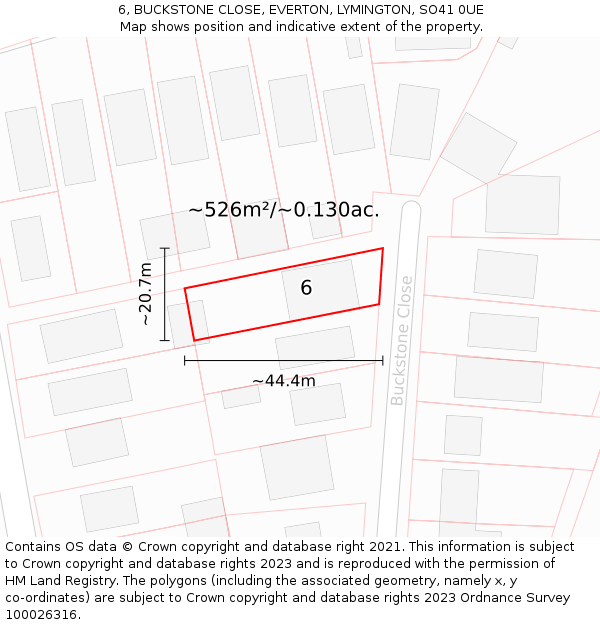 6, BUCKSTONE CLOSE, EVERTON, LYMINGTON, SO41 0UE: Plot and title map
