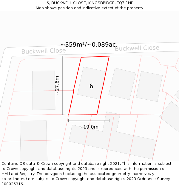 6, BUCKWELL CLOSE, KINGSBRIDGE, TQ7 1NP: Plot and title map