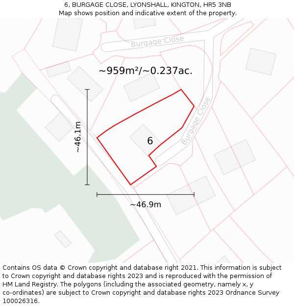 6, BURGAGE CLOSE, LYONSHALL, KINGTON, HR5 3NB: Plot and title map