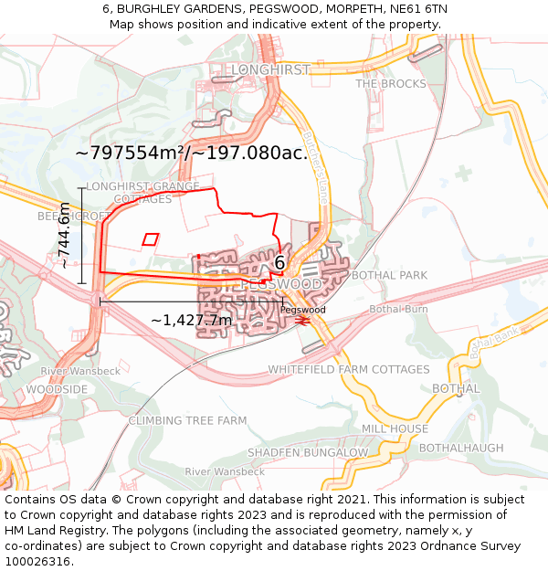 6, BURGHLEY GARDENS, PEGSWOOD, MORPETH, NE61 6TN: Plot and title map