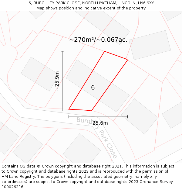 6, BURGHLEY PARK CLOSE, NORTH HYKEHAM, LINCOLN, LN6 9XY: Plot and title map