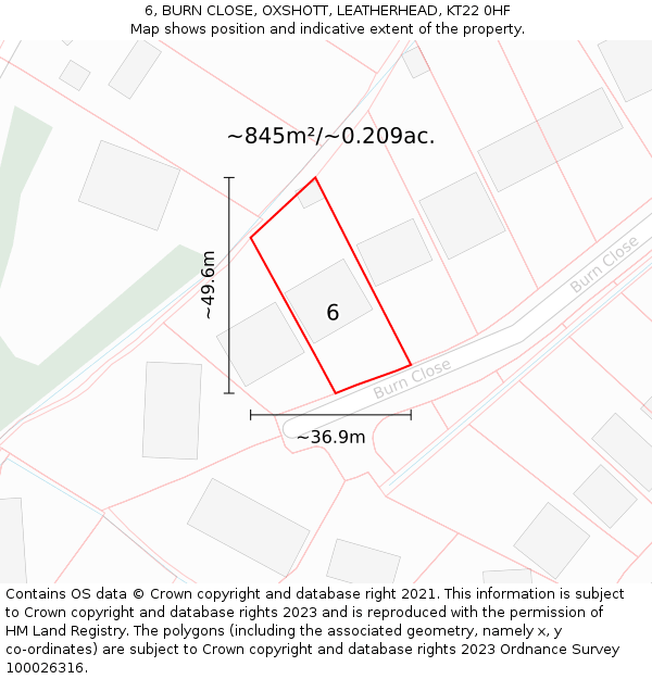 6, BURN CLOSE, OXSHOTT, LEATHERHEAD, KT22 0HF: Plot and title map