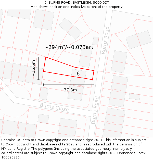 6, BURNS ROAD, EASTLEIGH, SO50 5DT: Plot and title map