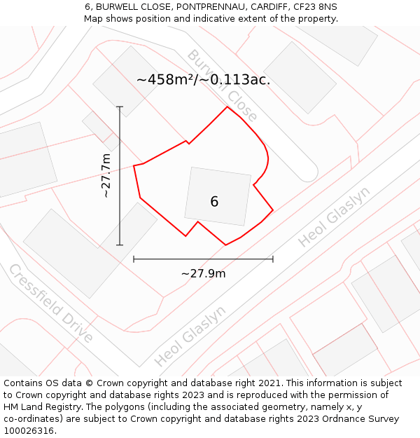 6, BURWELL CLOSE, PONTPRENNAU, CARDIFF, CF23 8NS: Plot and title map