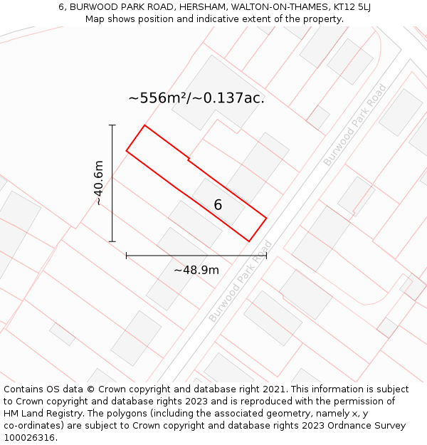 6, BURWOOD PARK ROAD, HERSHAM, WALTON-ON-THAMES, KT12 5LJ: Plot and title map