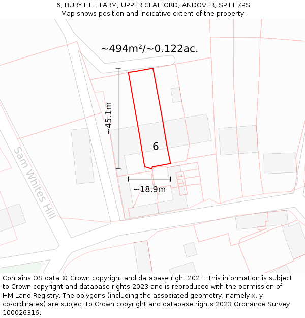 6, BURY HILL FARM, UPPER CLATFORD, ANDOVER, SP11 7PS: Plot and title map