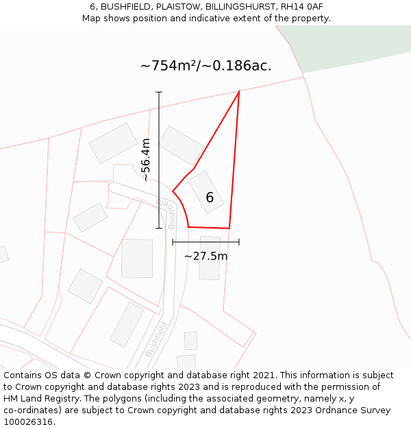 6, BUSHFIELD, PLAISTOW, BILLINGSHURST, RH14 0AF: Plot and title map